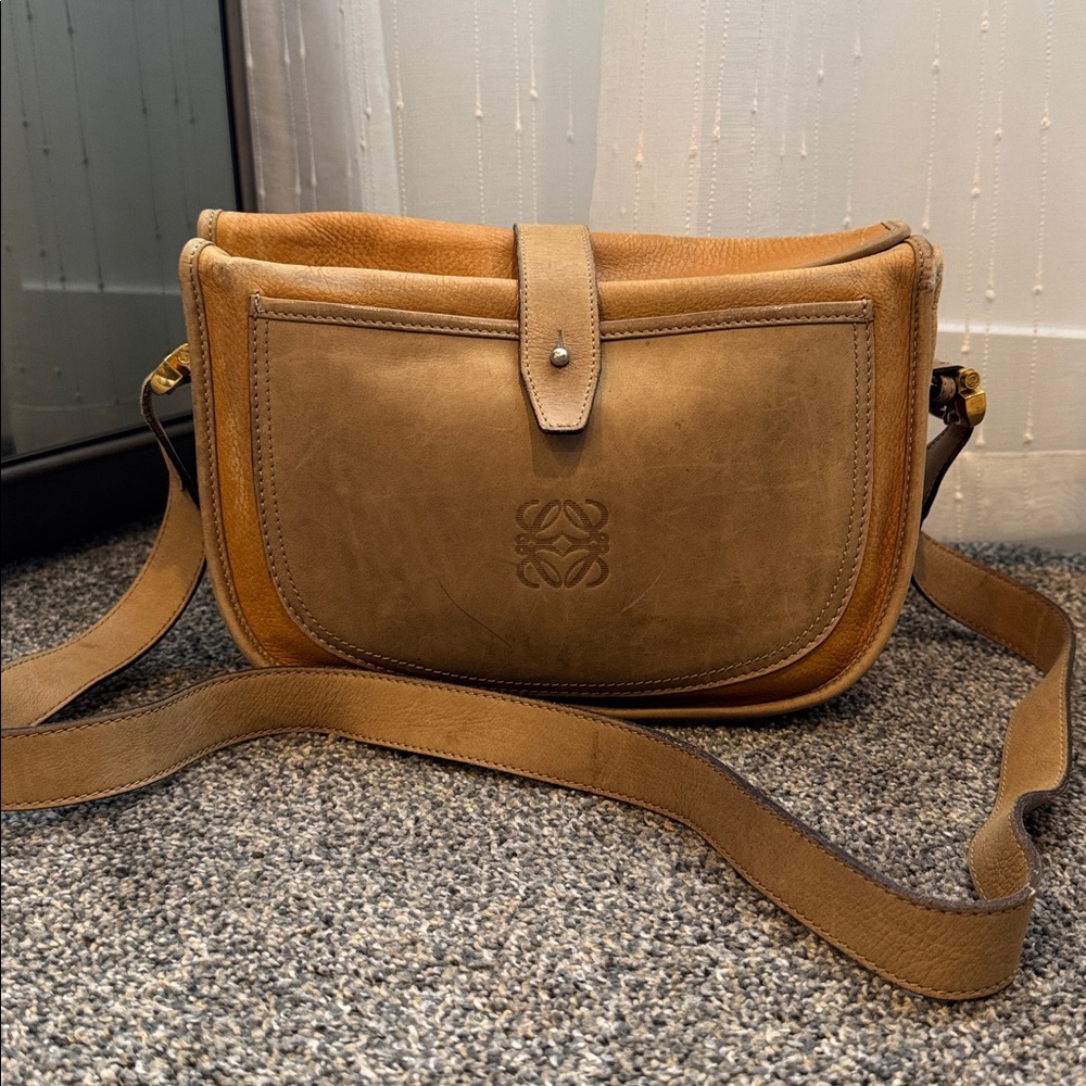 LOEWE Anagram Suede Leather Shoulder Bag Crossbody Beige